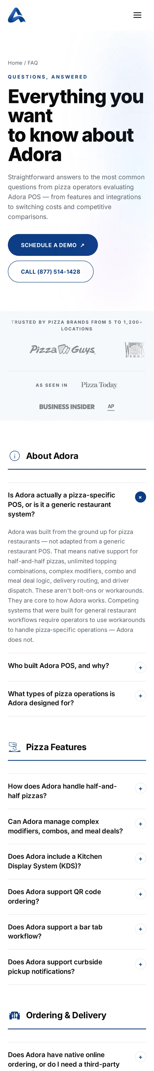 Adora FAQ page, on a phone