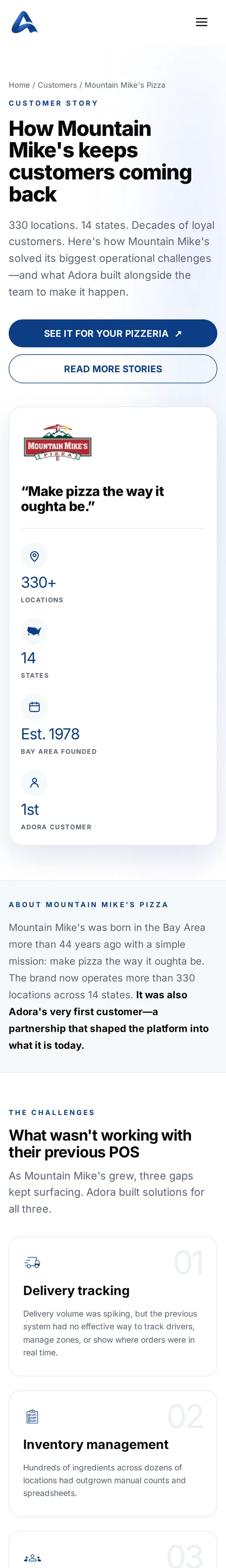 Mountain Mike’s case study page for Adora, on a phone