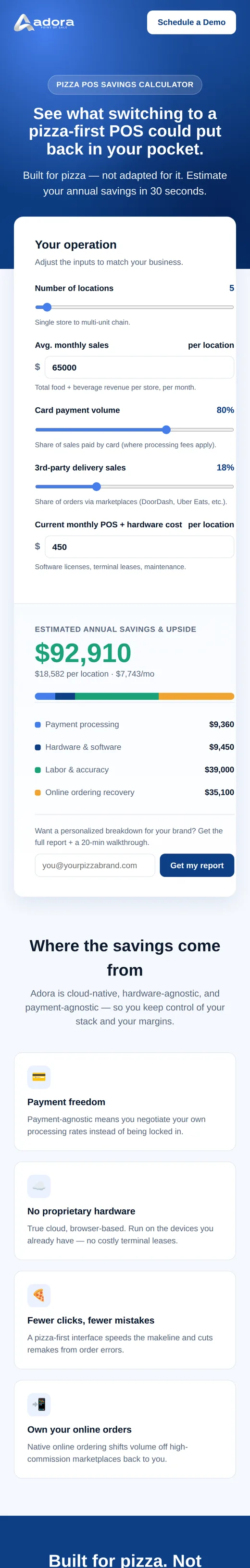 Adora savings calculator, on a phone