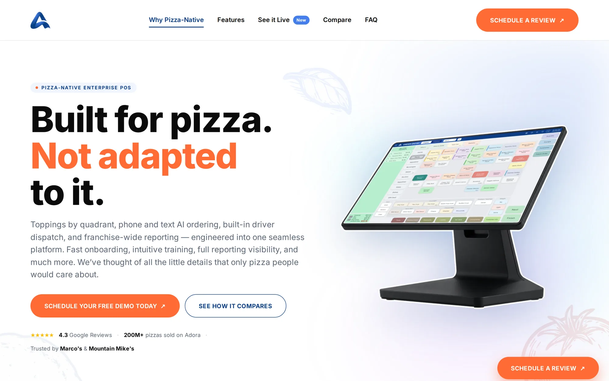 Adora POS pizza-native landing page