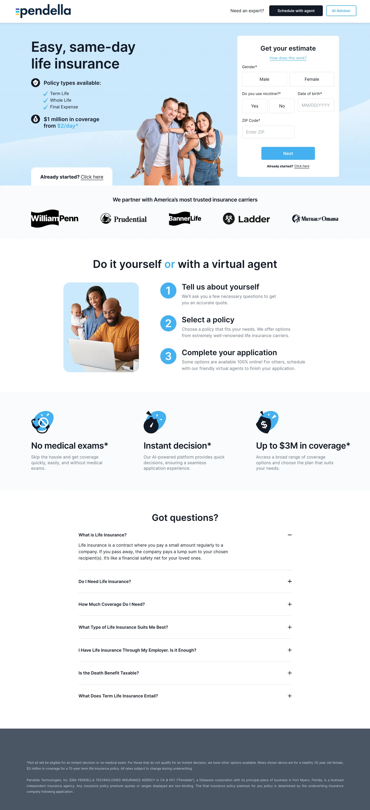 Pendella same-day life insurance landing page