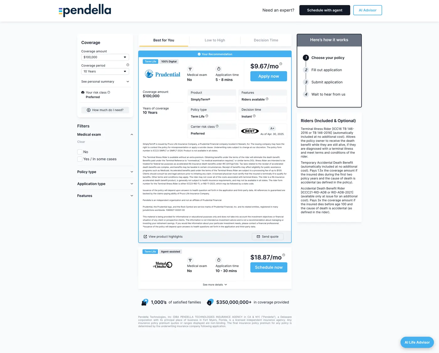 Pendella quote results page